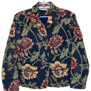 Vtg Anage Blue Cotton Tapestry Jacket Beaded Flowers Cottagecore Granny Core - L